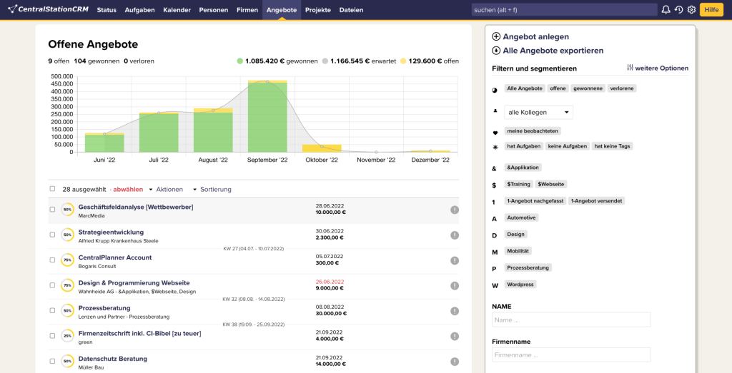 CentralStationCRM-Dashboard zeigt offene Angebote, Statistiken und Umsatzgrafik. Auflistung aktueller Projekte mit Details. Seitenleiste mit Filterfunktionen und Optionen zur Angebotsverwaltung. Interface in Deutsch mit lila Kopfzeile.