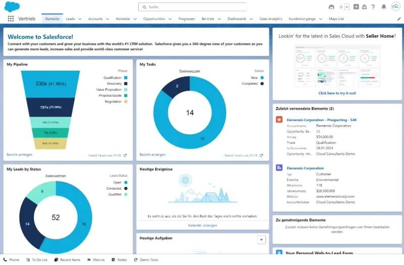 Salesforce-Dashboard mit Verkaufstrichter, Aufgaben- und Lead-Status-Diagrammen, Ereignisverlauf und kürzlich verwendeten Elementen. Oberfläche in Deutsch und Englisch mit blau-weißem Farbschema.